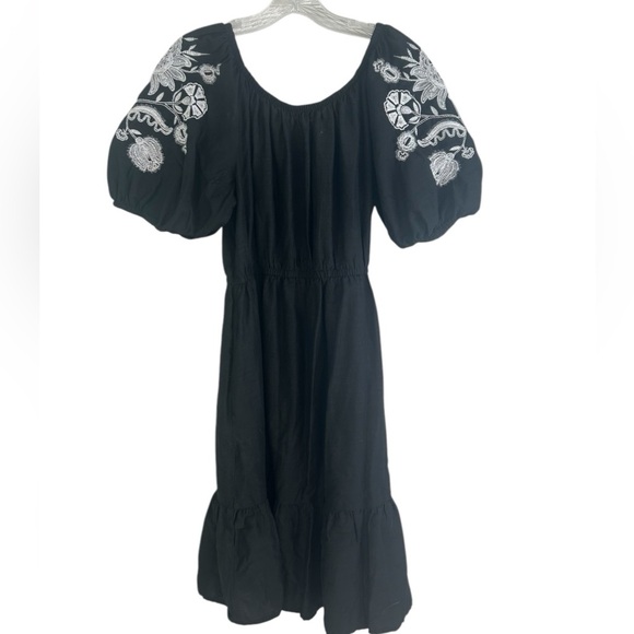 Knox Rose Womens SZ M Boho Black 3/4 Embroidered Puff Sleeve Ruffle Dress Summer - Picture 5 of 15